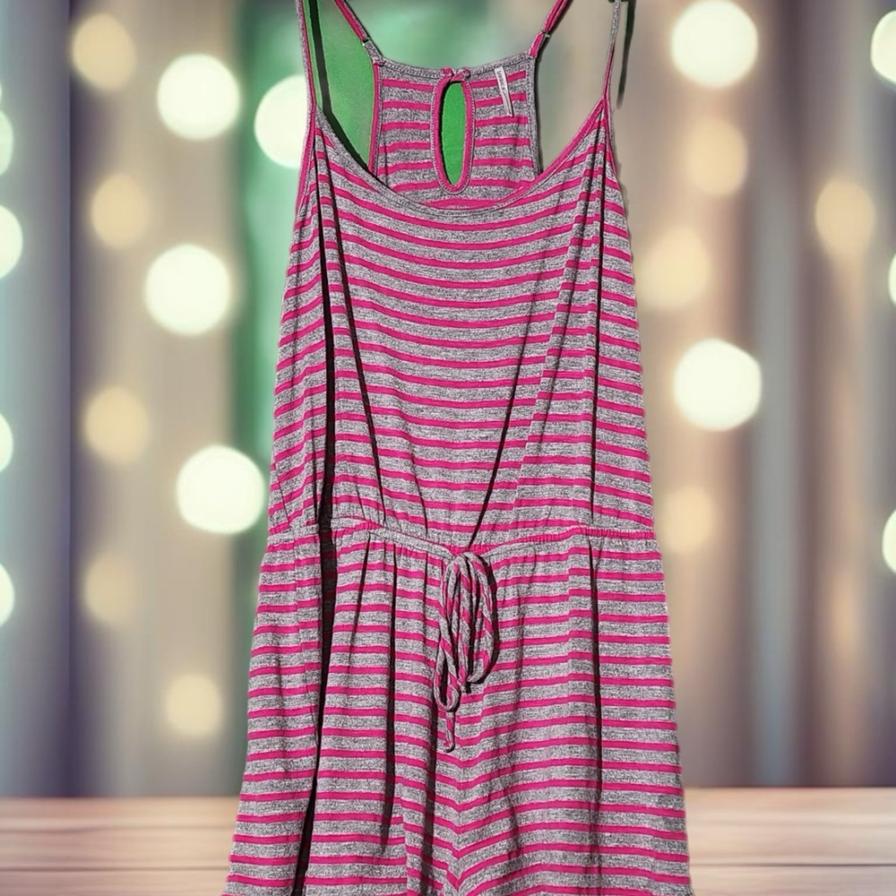Tresics Pink and Gray Striped Romper with Spaghetti Straps- Large